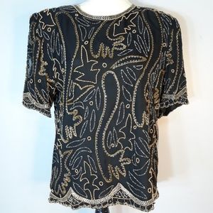 LAURENCE KAZAR NY BLACK/GOLD BEADED TOP NWT-SZ L